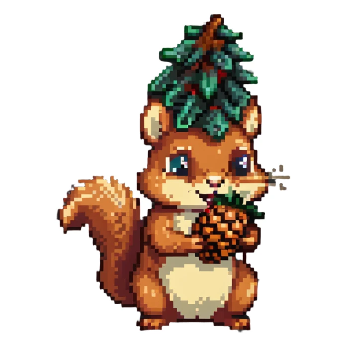 Greedy squirrel with big pine cone on head, weird creepy expression, hungry looking sticker