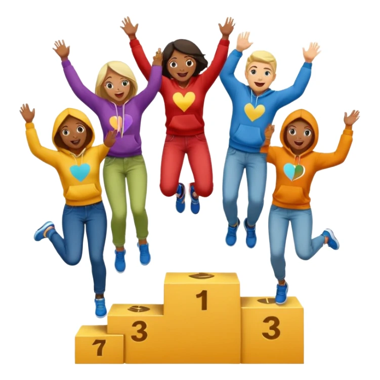 multi-racial group on a winners’ podium with middle step higher, no numbers on podium, colorful jeans t-shirts and hoodies, one person jumping, excited fun expressive emoji style sticker