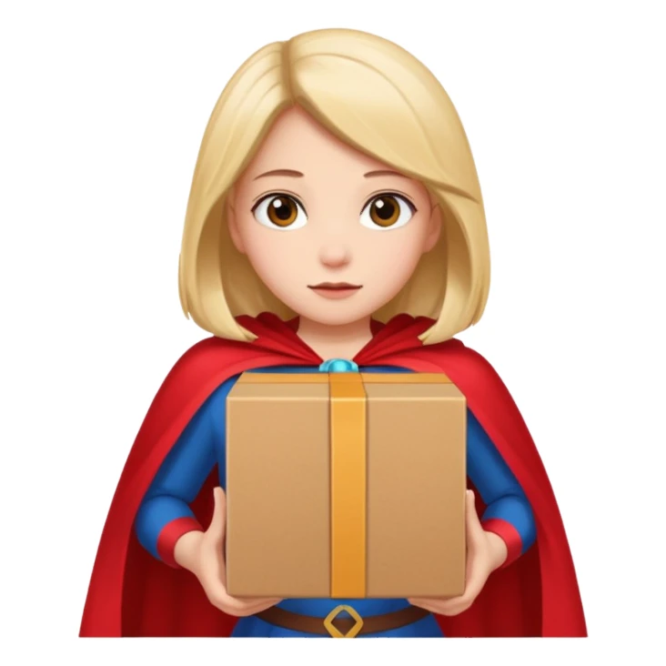 generate me a girl with a cape lifting a box that is filled with discrimination sticker