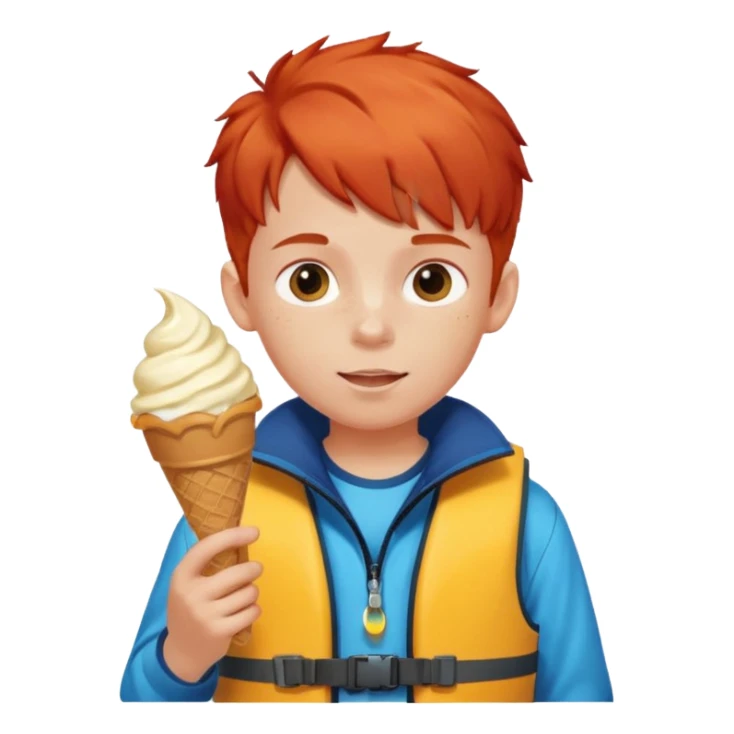 boy kid red haired wearing lifejacket, eating ice cream, sun sticker