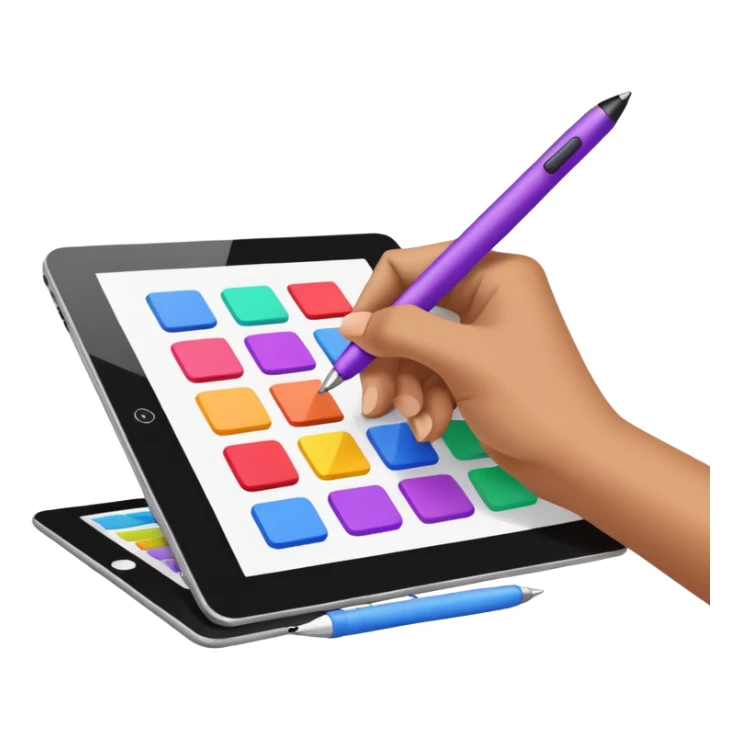 A hand having a digital pen drawing colorful rectangules on a tablet sticker