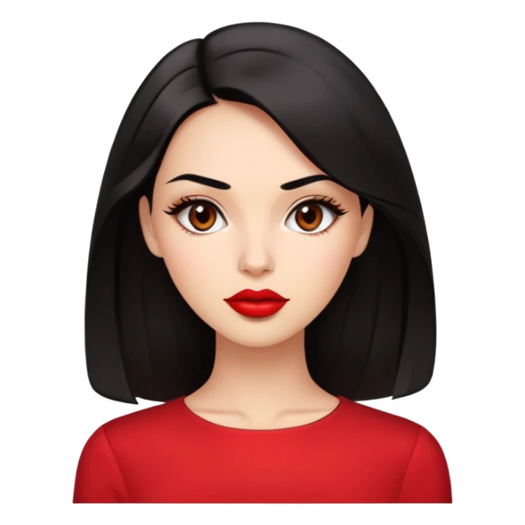 Glamorous young woman with defined features, expressive brown eyes, full lips with red lipstick, light brown complexion, sleek black hair, wearing a red blouse sticker