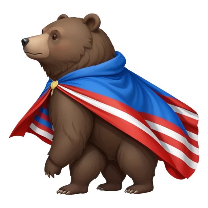 Medium-dark brown bear on all four legs with Russian flag (white, blue, red horizontal stripes) draped over its back like a cape or cloak, flowing slightly, side view sticker