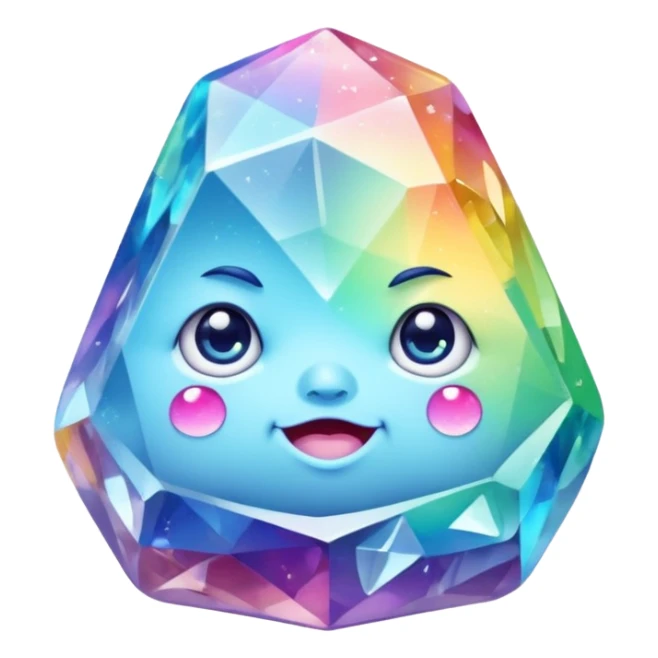 A single pastel rainbow crystal rock character, chubby and heavy with a chunky, irregular polygon shape,covered in faceted crystal planes and small chips, big glossy rainbow eyes  sticker