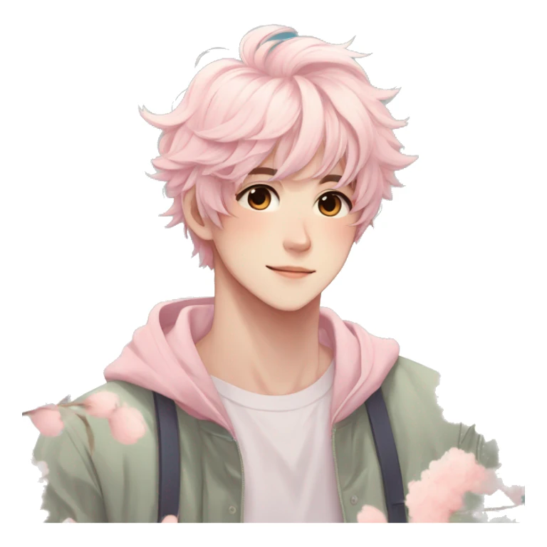 Gorgeous pastel anime style shojo guy with blushing face and flowers aesthetic trending style outside sticker