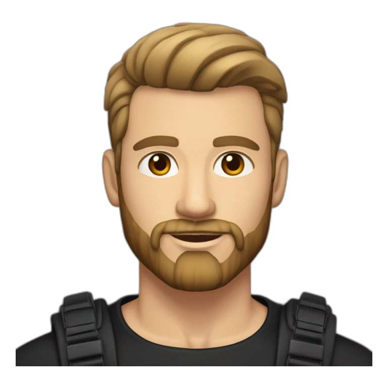 White man with slight tan, brown eyes and hair. He has beard stubble and mustache trimmed. Wears black clothing. His hair is an symmetrical undercut with side fade, styled sideways sticker