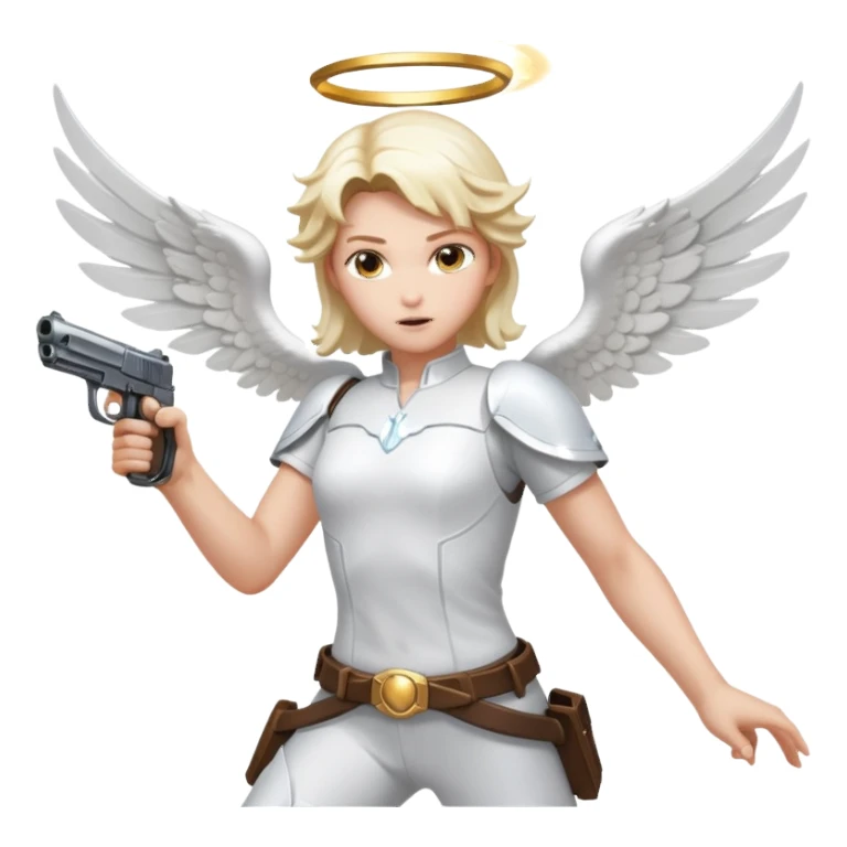 Angel dual-wielding pistols, shooting, dynamic action pose, glowing wings, no background














 sticker