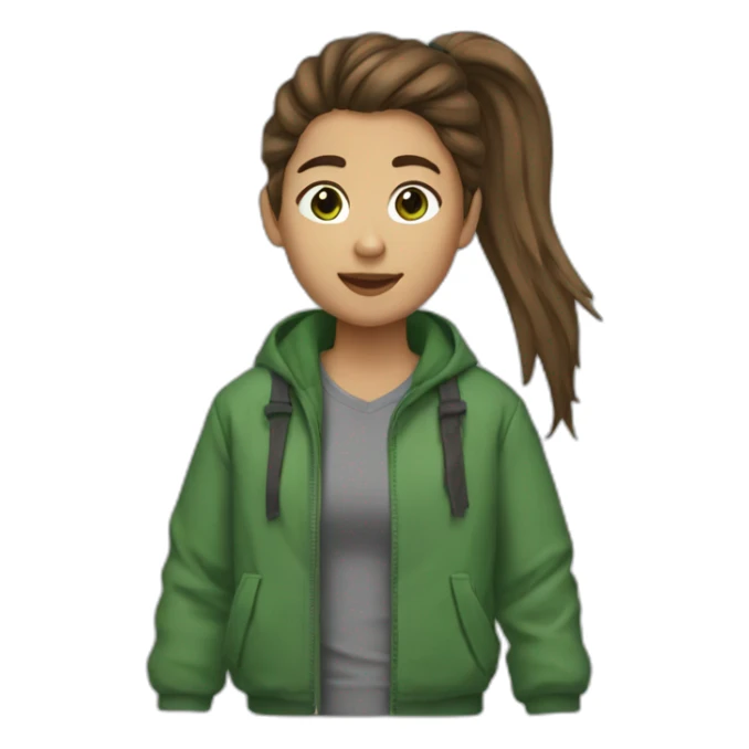 Ponytail brown hair, brown eyes, grey tshirt and green puff jacket sticker