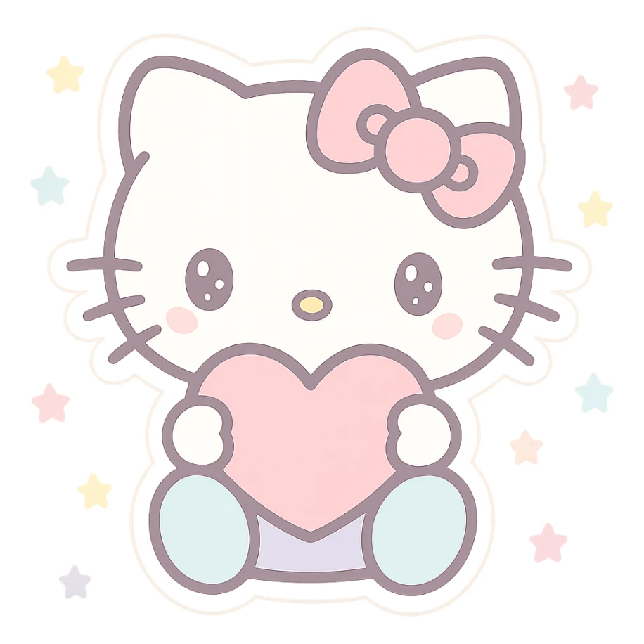 Hello KITTY as a sticker, kawaii style, holding a heart, pastel colors, outlined sticker