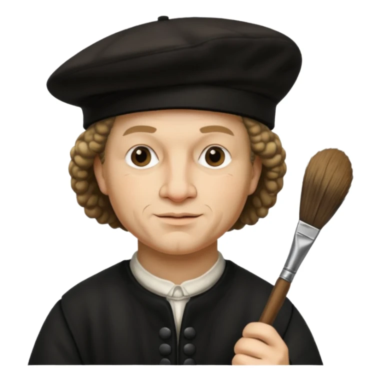 Rembrandt wear black berret hat, hold a brush sticker