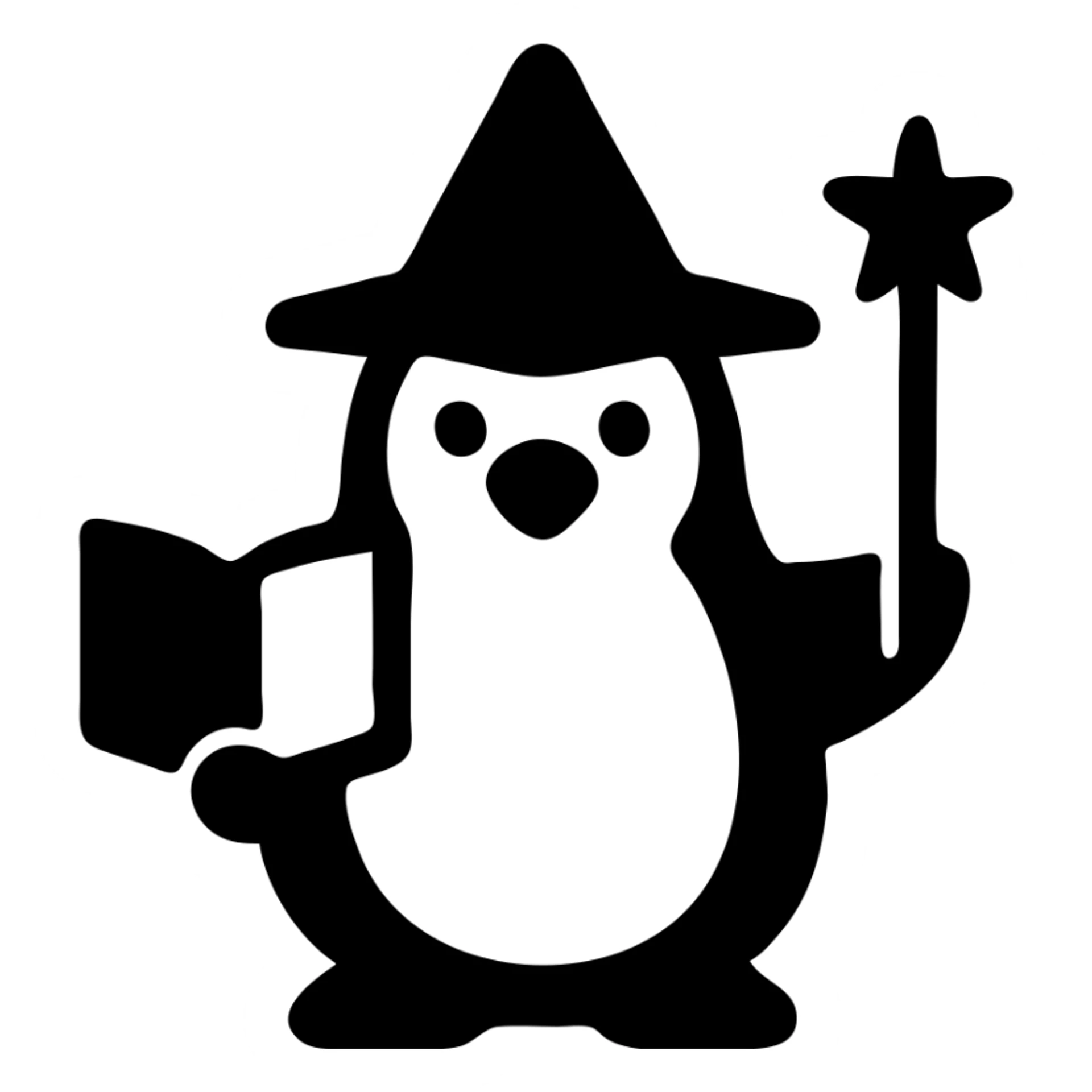 A penguin wizard holding a spellbook and a wand. sticker