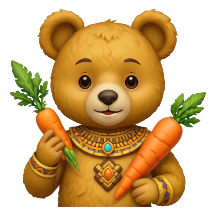 teddy bear, wearing yelloư mayan ancient custome, with carrot half body sticker
