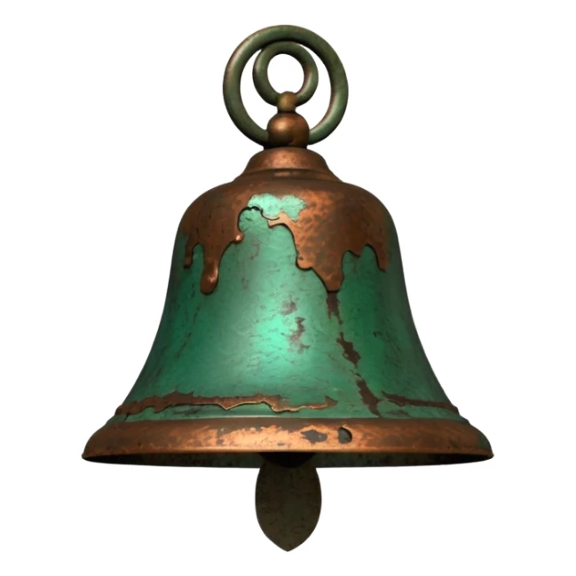 3D render of Church Bell, heavily oxidized copper texture, verdigris patina, Green weathered metal surface, weathered bronze aesthetic, ancient decay, emoji style, isolated on white background --v 6.0. sticker