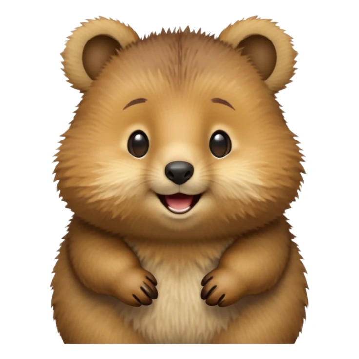 cinematic-quokka-realistic-emoji,-small-round-frame-balanced-on-tiny-strong-hind-legs,giant-fluffy-cheeks-large-smile-fluffy-brown-fur-radiating-a-warm-softness,-big-round-eyes-filled-with-joy, realistic emoji zoomed in sticker