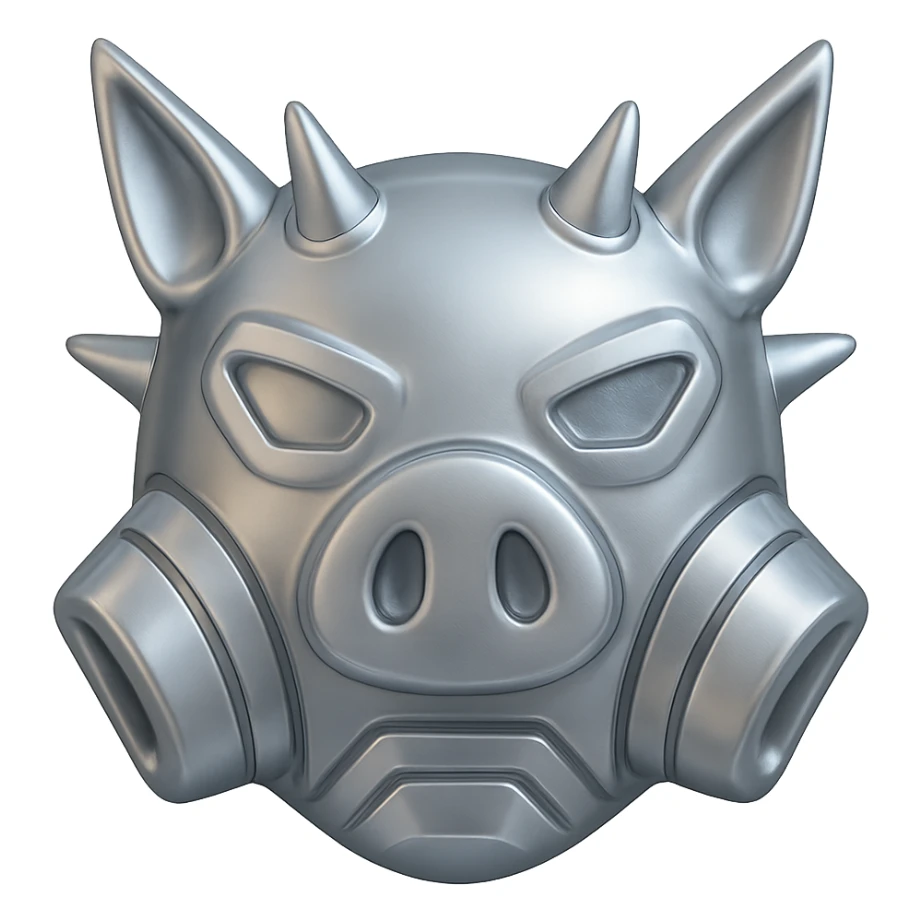 Make the pig mask much cuter with a completely metallic texture that is shiny and reflective. Keep the spikes but make them less menacing. Preserve the transparent background. sticker