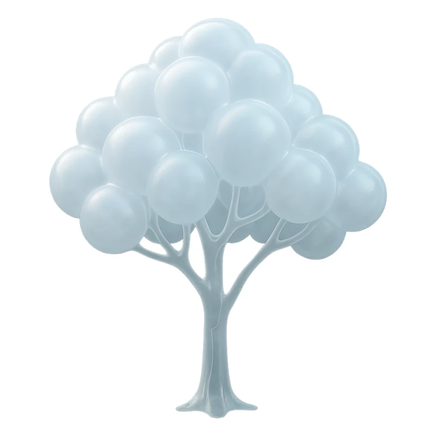 one tree with many branches and a white trunk, crown made of small very bright white fluffy convex clouds, matte glass style sticker