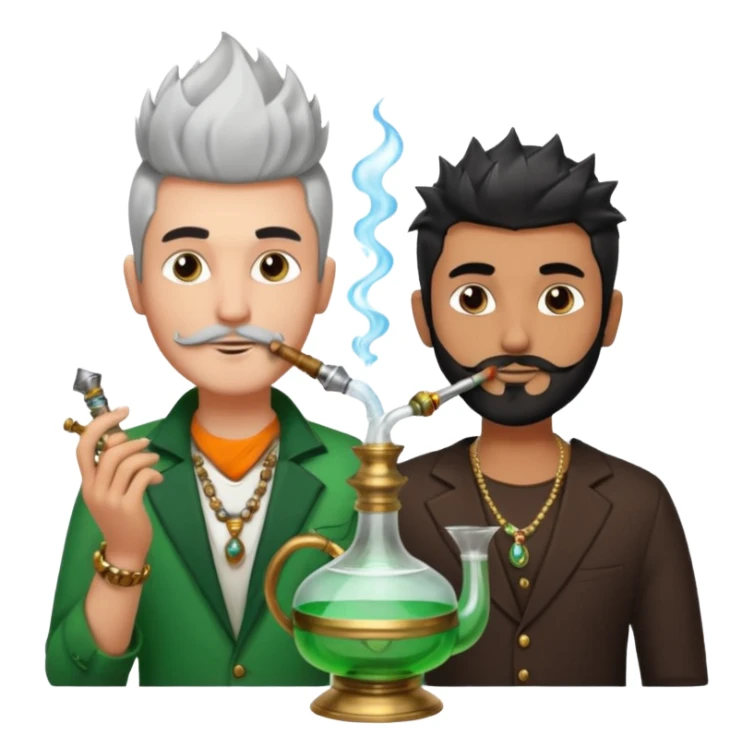 Brass hookah with green design on a glass water base on the top; with two smoke pipes where people are holding them and smoking - one white guy with spikes (silver and black hair) and another Tamil handsome with little beard Indian guy. The Tamil guy is not having spiky hair  sticker