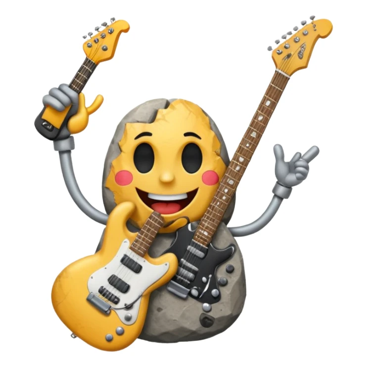 a rock with a happy face that is holding up a rock and roll hand and an electric guitar sticker