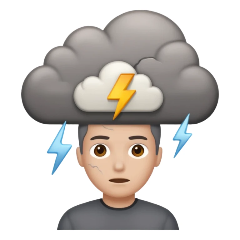  battery with no energy and cracks on it and a gray cloud abouve the head sticker