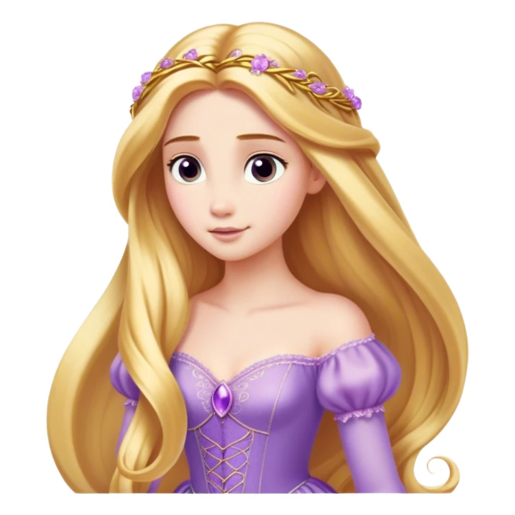 Cinematic Elegant Rapunzel Portrait Emoji, rendered in a realistic, vector-style with minimal shading and bold, simplified shapes. Depict Rapunzel (chest and above) with fair, porcelain skin, long, flowing golden hair cascading gracefully, and soft, gentle eyes, wearing her iconic light purple gown. The image glows with a soft, enchanting radiance and high shine, capturing timeless fairy-tale beauty. sticker