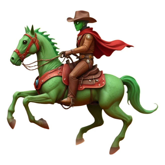 An alien cowboy riding a mechanical horse across a red Martian desert, two moons in the sky, dust storm swirling, wide cinematic shot, dramatic composition, hyper detailed, sci-fi western fusion sticker