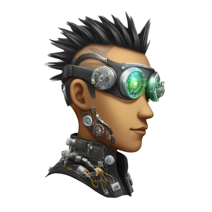 Mohawk hair Asian male cyborg head with neon silver steampunk goggles and circuits sticker
