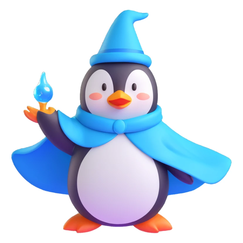 A heroic penguin wizard with a flowing cape, icy blue magic swirling from its flippers, 3D emoji style sticker