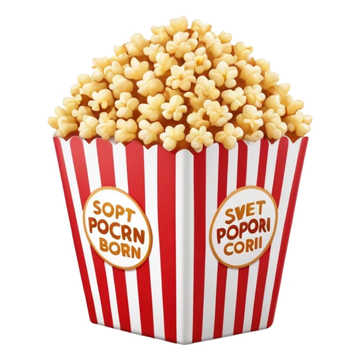minimalist sweet popcorn emoji style, red and white popcorn box, caramel popcorn sticker