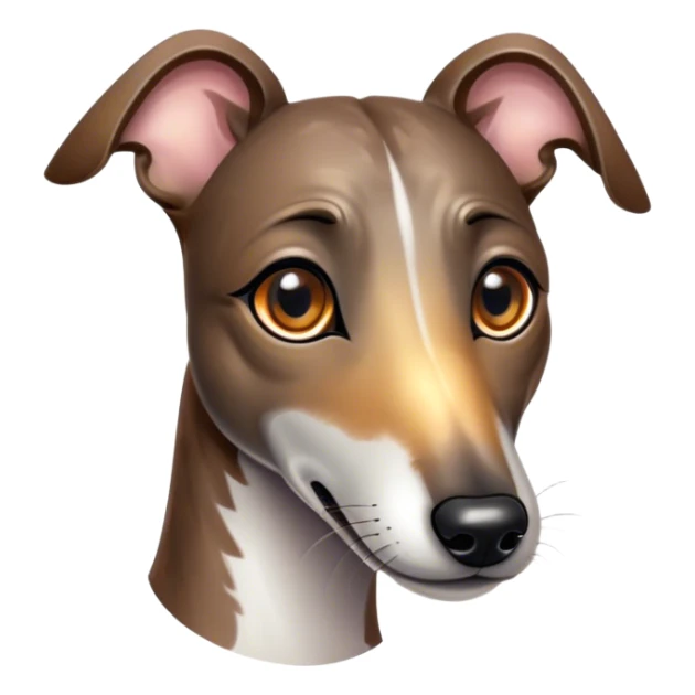 Cinematic Cute Brindle Greyhound Portrait Emoji, Head tilted playfully and inquisitively, featuring a sleek brindle Fur with subtle variations and round, sparkling eyes filled with curiosity, Simplified yet irresistibly adorable features, highly detailed, glowing with a warm, friendly glow, high shine, affectionate and nimble, stylized with a touch of whimsy, bright and endearing, soft glowing outline, capturing the essence of a mischievous yet loving companion, so playful it feels like it could sprint out of the screen and into your arms! sticker