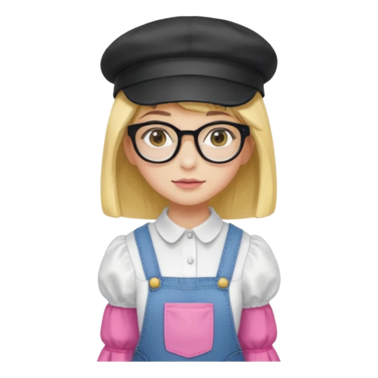 A yellow-skinned girl with medium-long straight hair, flat bangs, black frame glasses, a white puffy sleeve doll shirt, blue jeans and pink shoes, and a black painter's hat. sticker