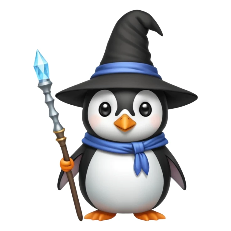 a cute penguin wizard with a pointy hat and a magic wand sticker