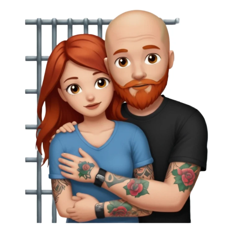 Make a long brown haired, brown eyed pretty girl, hugging a guy that is bald with a red beard and a sleeve of tattoos in jail sticker