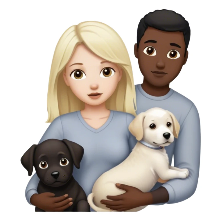 Blond white girl with dark black guy black hair and a baby with 1 dog medium size white and gray and 1 dog large dark brown and white sticker