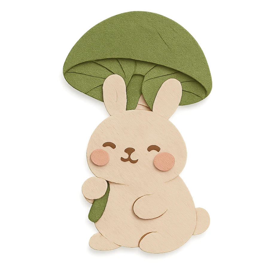chubby bunny holding a mushroom umbrella, pastel beige and moss green, paper craft style sticker