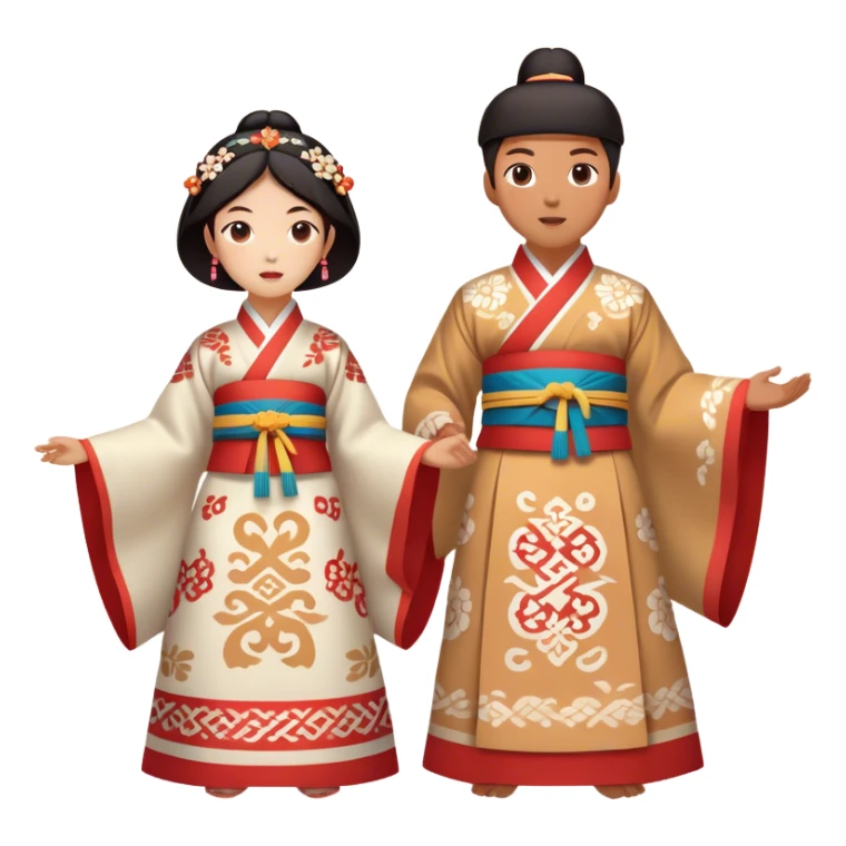 Cinematic Realistic scene of two performers engaging in Ganggangsullae, dressed in traditional Korean costumes with intricate patterns and graceful movements, illuminated by soft, festive lighting that accentuates the cultural ambiance sticker