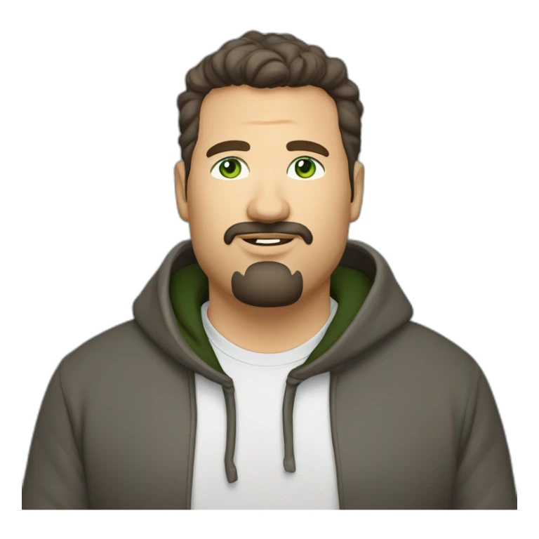 fat middle aged developer short dark brown graying hair goatee with green eyes hoodie sticker