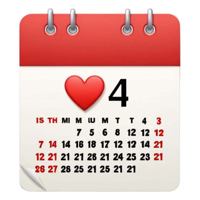 red and white calendar with the number "14" in a heart sticker