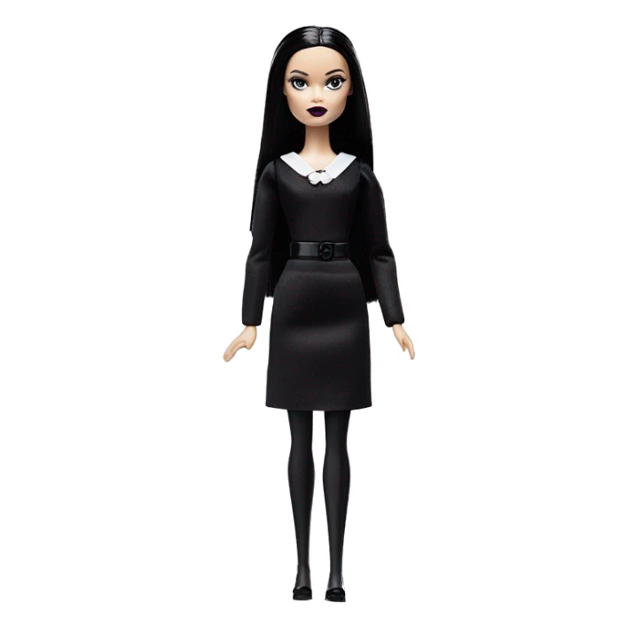 Wednesday Addams Barbie.  Small very light skin face. Black lipstick and eyeshadow. Earrings matching necklaces. Long silky raven hair. neckline that’s off-the-shoulders shows her legs and black high heel. arms up sticker