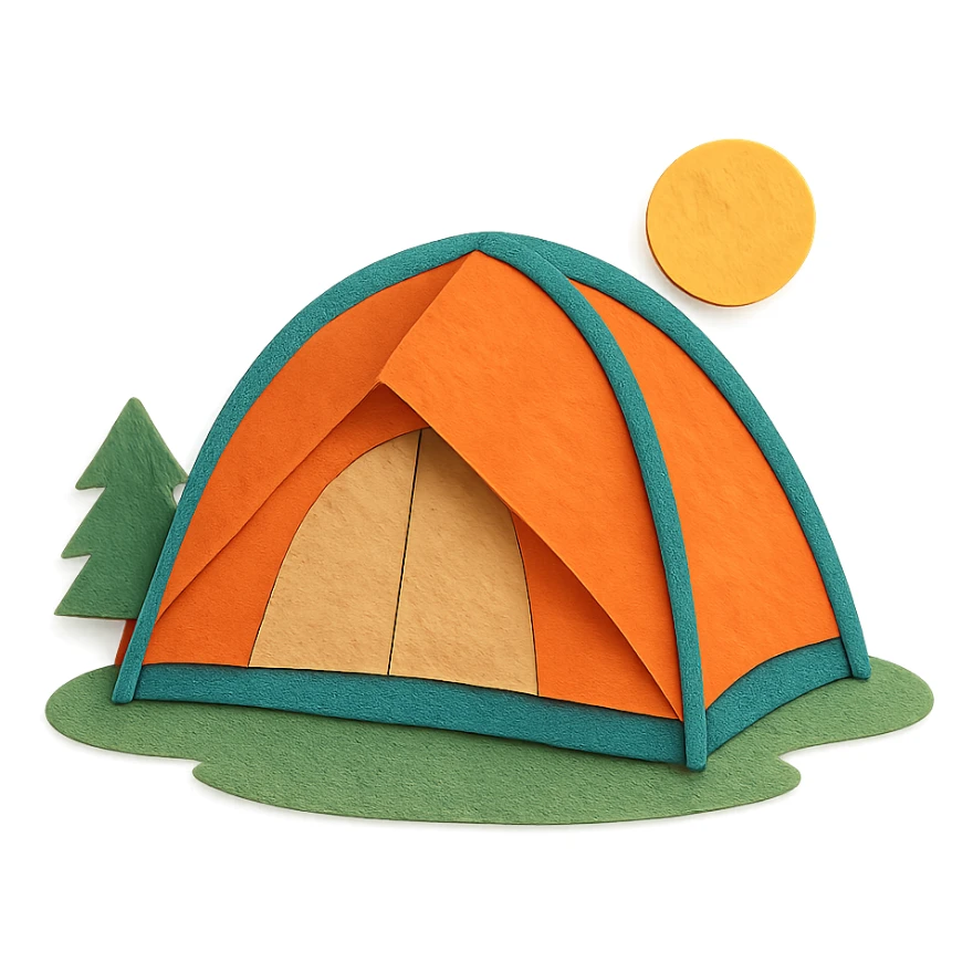 camping tent in paper craft style, layered paper details, classic dome shape, vibrant colors, set in a natural scene sticker