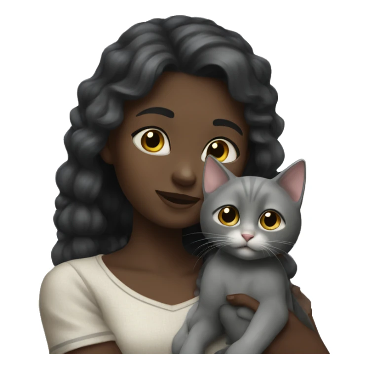 dark girl hugs a gray kitten with a bow sticker