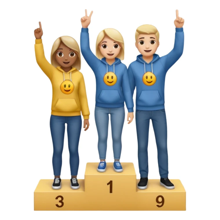 three people standing on a winners podium with no label, middle podium slightly higher, each person on their own step, dressed casually in fun relaxed clothes like jeans t-shirts hoodies, person in center holding up one finger on each hand showing they are number one, cheerful expressive emoji style sticker