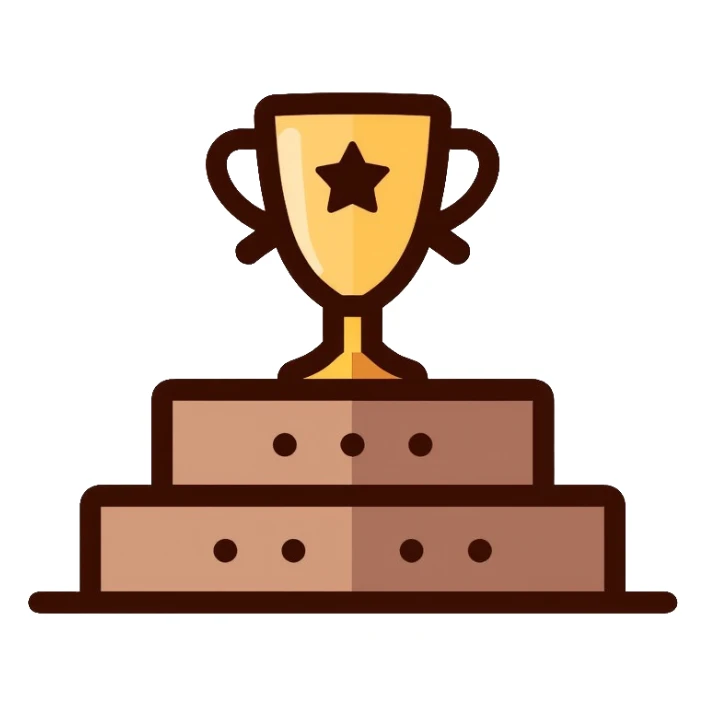 Path to success logo with steps or staircase leading upward to a trophy or achievement symbol, using brown shades and golden accents sticker