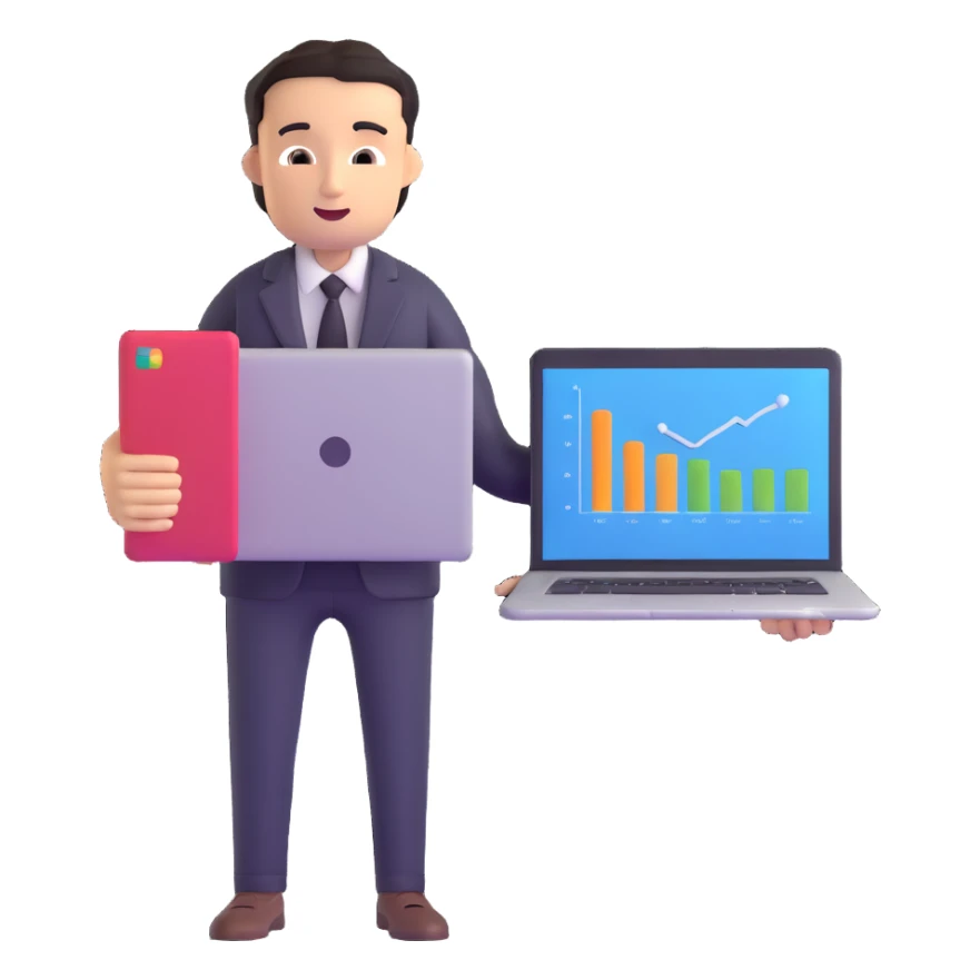 successful entrepreneur with laptop and business chart sticker