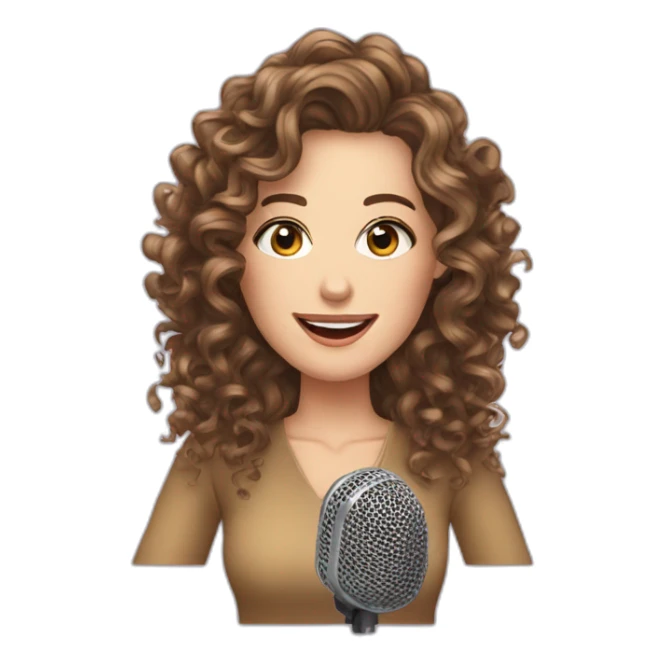 podcast host brunette curly long hair white woman with microphone sticker