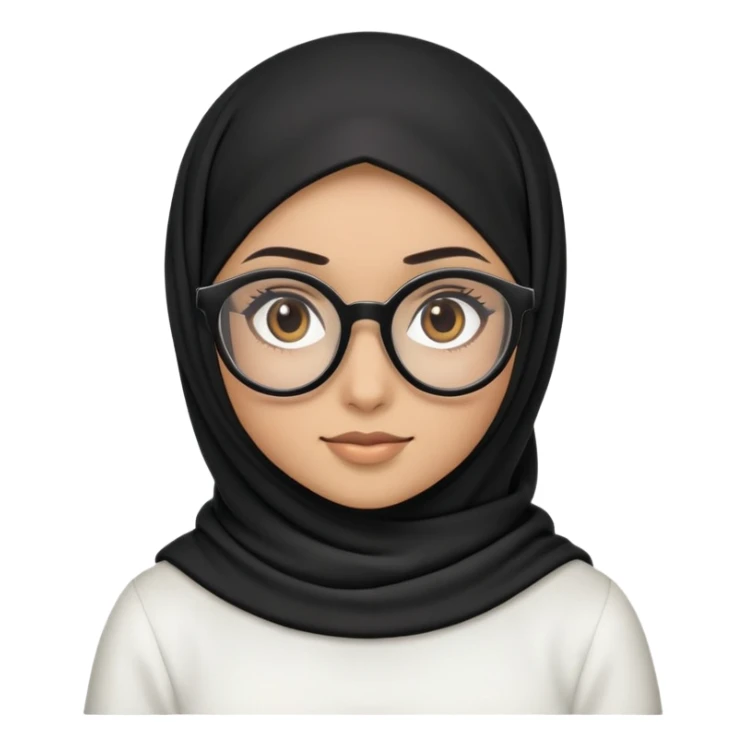 Create an ios iphone emoji of a girl with black hijab with black circle glasses dark brown eyes, light coloured skin and wearing a white top  sticker
