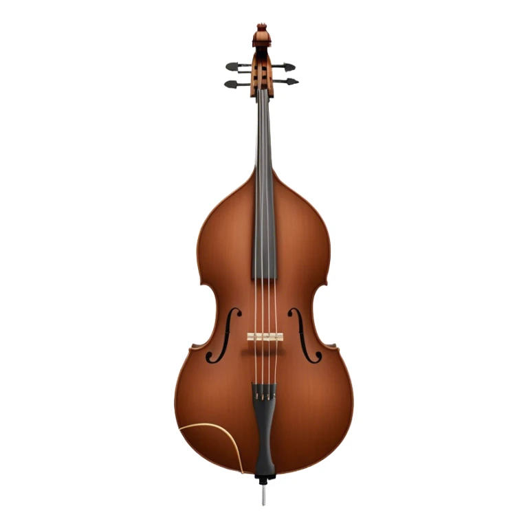 Create an elegant and detailed emoji representing a Gliga Gama double bass with bow. The design should showcase the large, sleek body of the double bass with its rich wood finish, including the characteristic curves and deep tone holes. The bow should be elegantly positioned next to the instrument, highlighting the hair and smooth wooden stick. Use warm wood tones like chestnut brown for the body of the bass, silver accents for the fittings, and dark brown for the bow. Add subtle musical notes or sound waves flowing from the bass to represent its deep, resonant sound. The background should be transparent. sticker