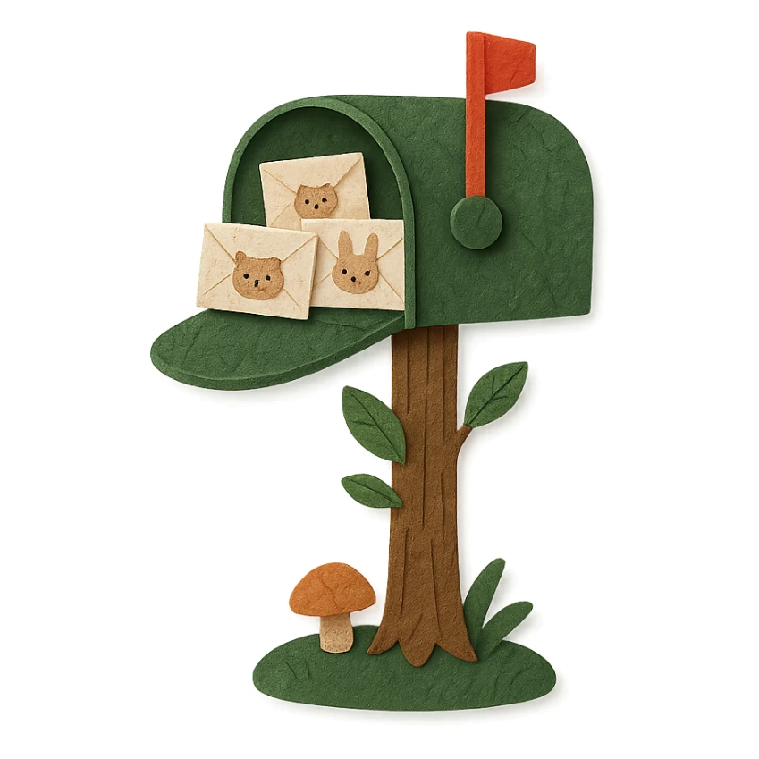 forest mailbox with tiny animal letters, cozy woodland theme, crafted from paper textures, delicate and charming sticker