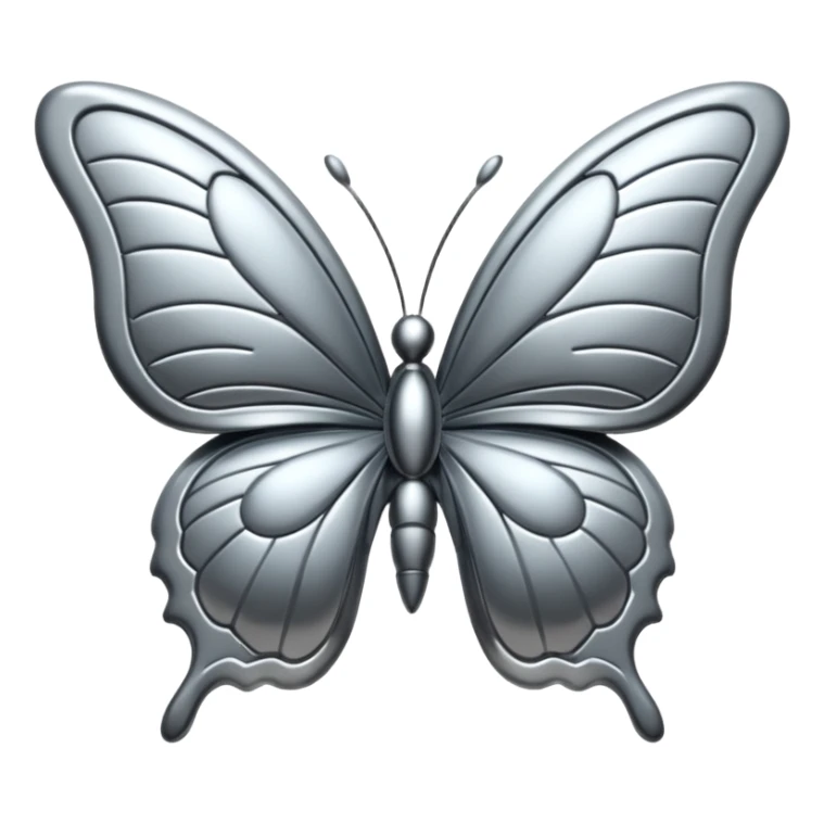 Liquid metal butterfly emoji, silver chrome material, iOS emoji style, smooth curves, reflective surface, elegant and minimal, white background sticker