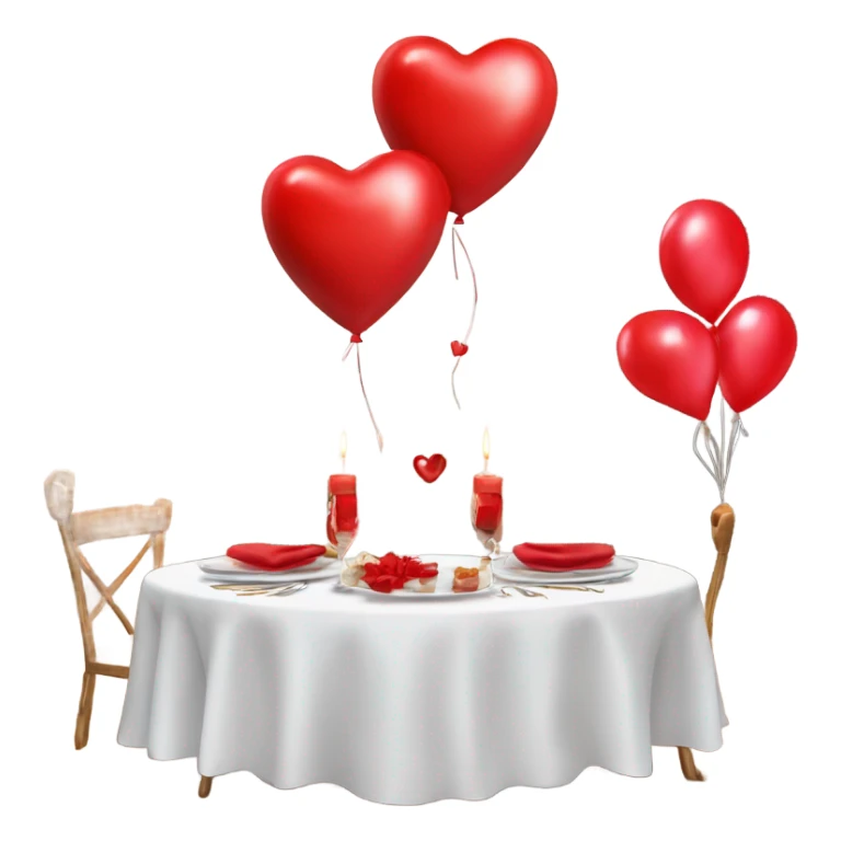 Red romantic party setting for two people and heart balloon  table with white cloth and candle with bows on the table photo Realistic  sticker