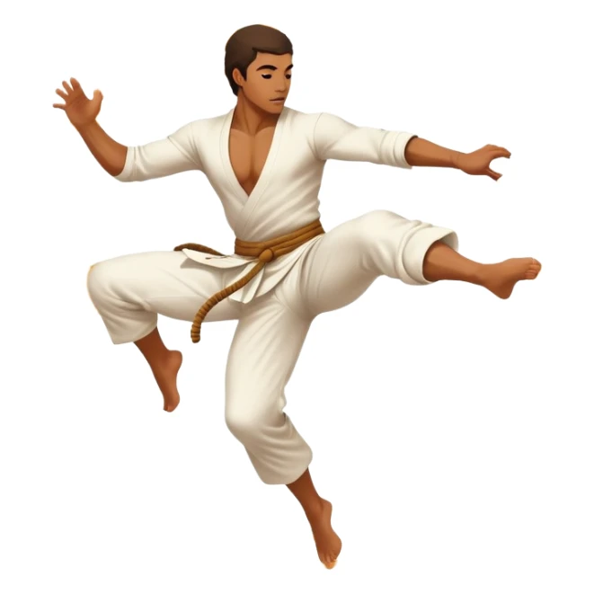 A capoeira fighter in mid-air performing a spinning kick, wearing traditional white capoeira pants and a cord, vibrant and flowing pose, surrounded by motion swirls sticker